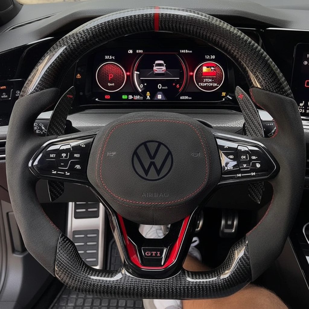 Volant Custom Carbone Forgé LED & Détails Rouges - VW Golf 8 GTI/R